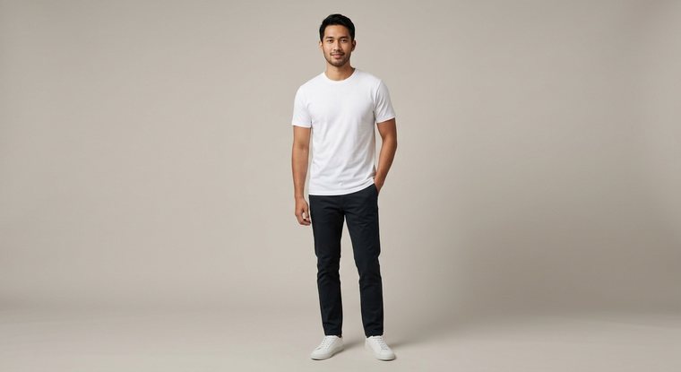 Hasil AI Photo Studio: kaos yang sama dipakai model pria dengan latar studio